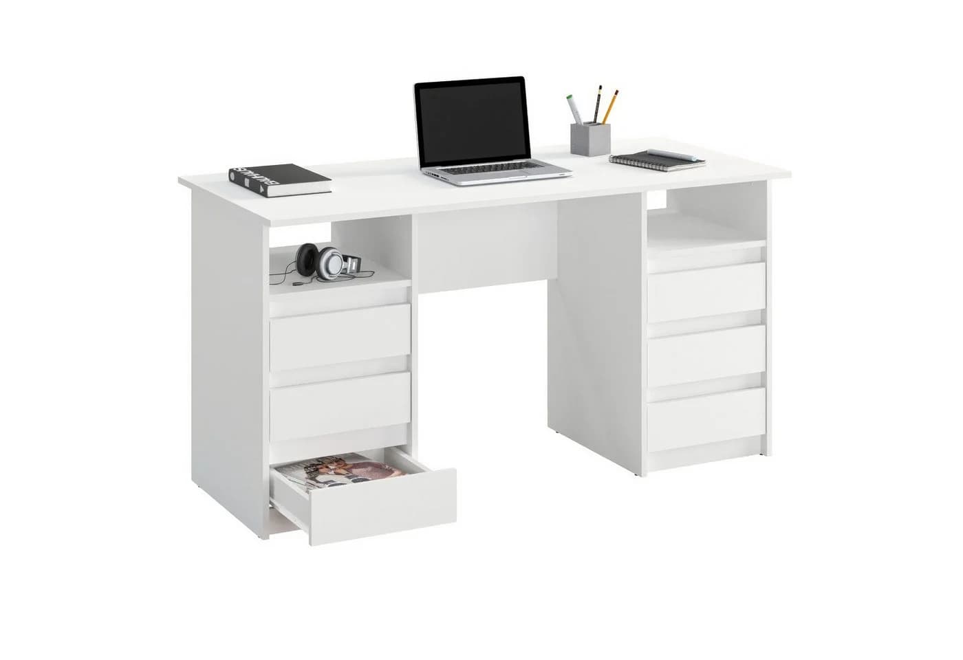 KOMTO Schreibtisch Oslo 140 Moderner Bürotisch mit Schubladen Weiß - Bild 2