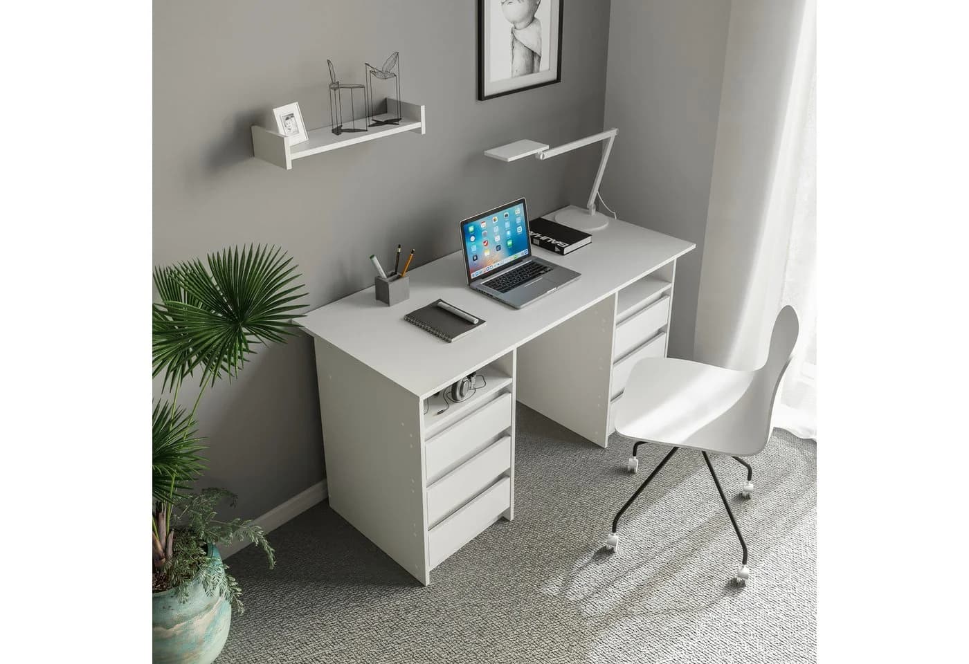 KOMTO Schreibtisch Oslo 140 Moderner Bürotisch mit Schubladen Weiß - Bild 3