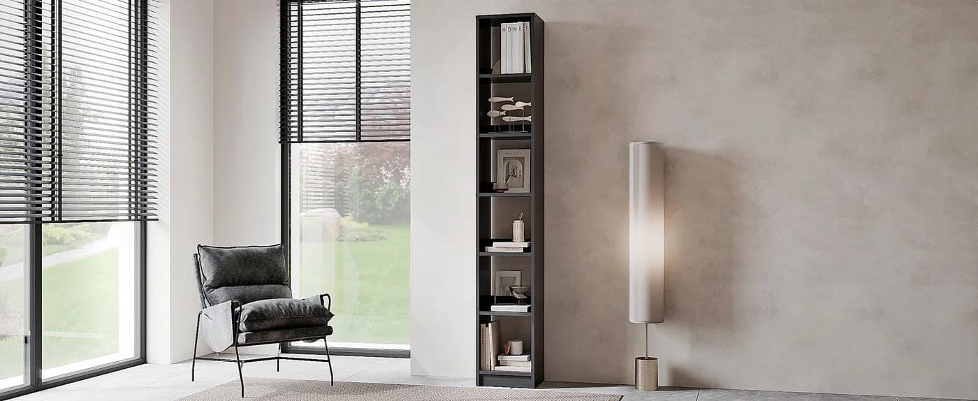 KOMTO Bücherregal LAKO Schwarz Schmales Regal mit 3-7 Fächern