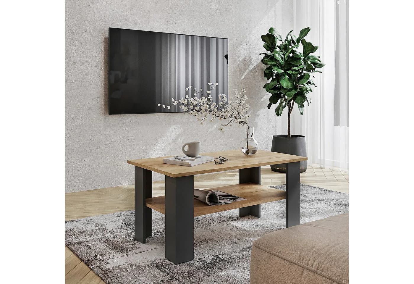 KOMTO Couchtisch Vienna Modern Spanplatte Honing Eiche Anthrazit