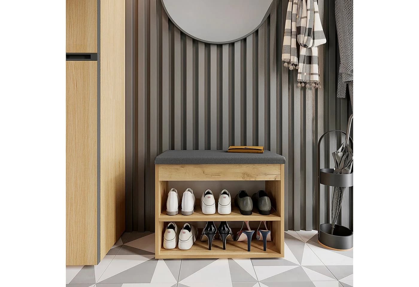 Schuhbank mit Sitzfläche aus Honig-Eiche - Praktisches Schuhregal für den Flur - Bild 3