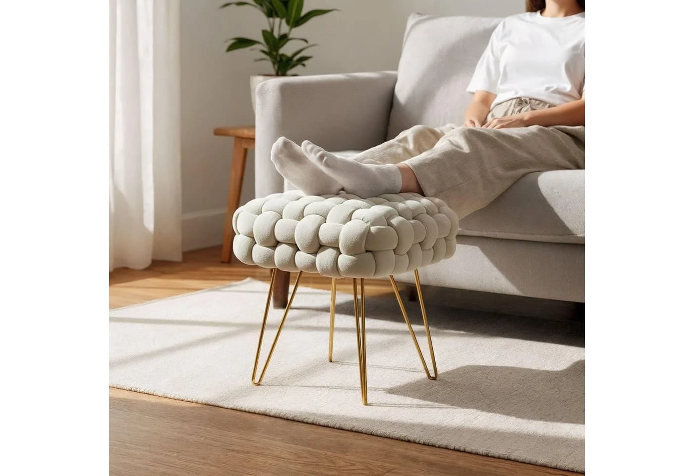 Milord FURNITURE Sitzhocker Samt Geflochten Beige Gold