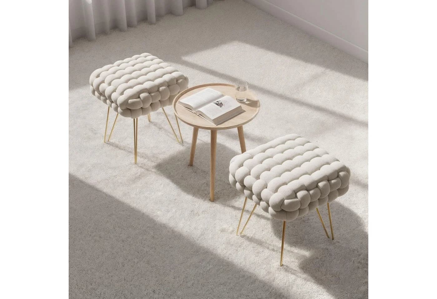 Milord FURNITURE Sitzhocker Samt Geflochten Beige Gold - Bild 5