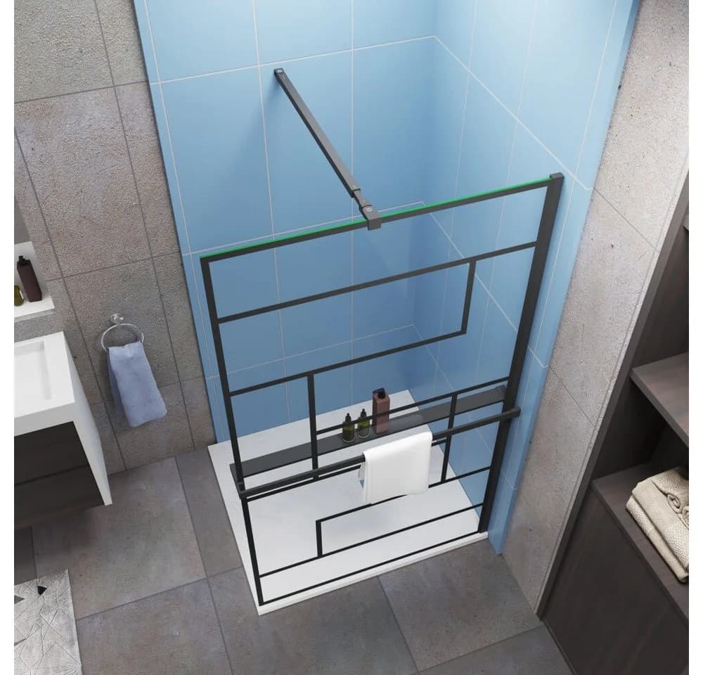 Duschparadies Walk-in-Dusche 200cm 8mm ESG Schwarz mit Handtuchhalter