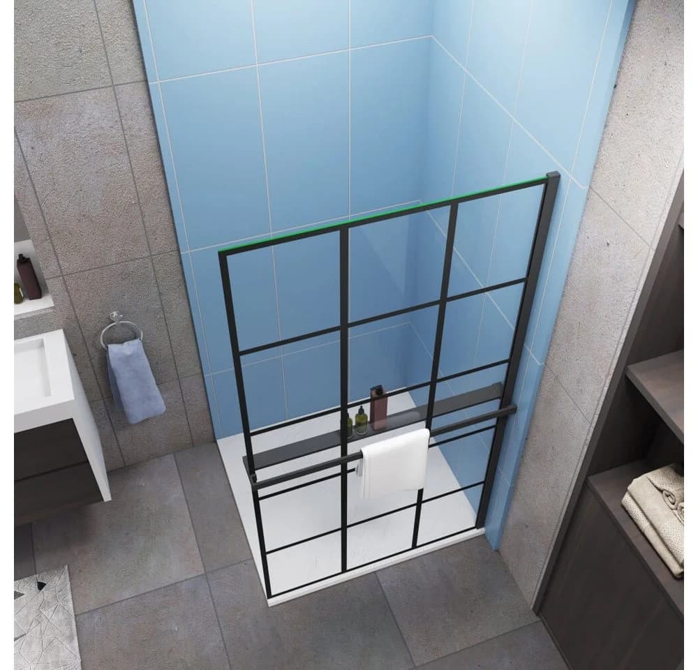Duschparadies Walk-in-Dusche 200cm Schwarz mit Handtuchhalter 8mm ESG Glas
