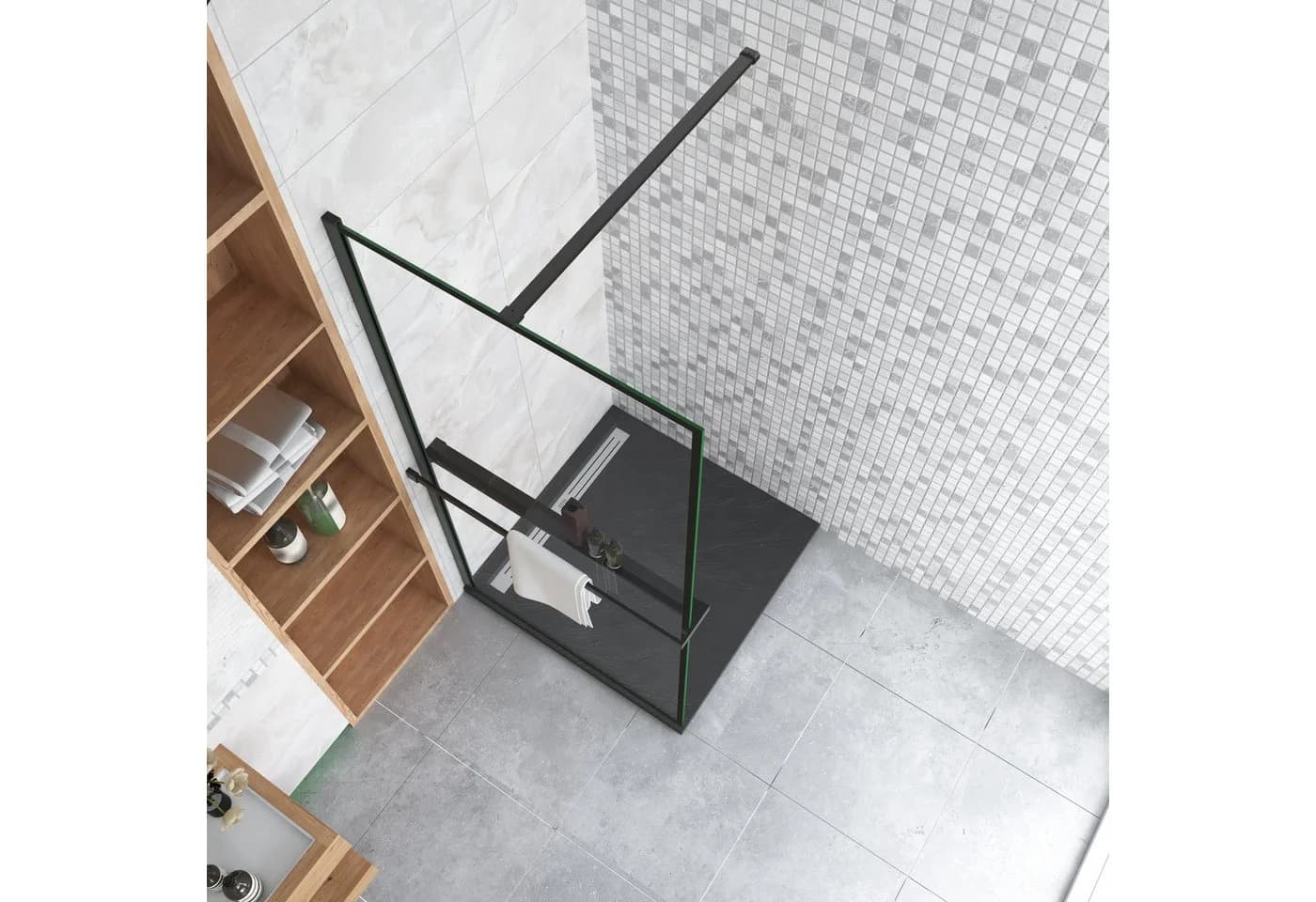 AICA Walk-in-Dusche Schwarz mit Sicherheitsglas und Handtuchhalter