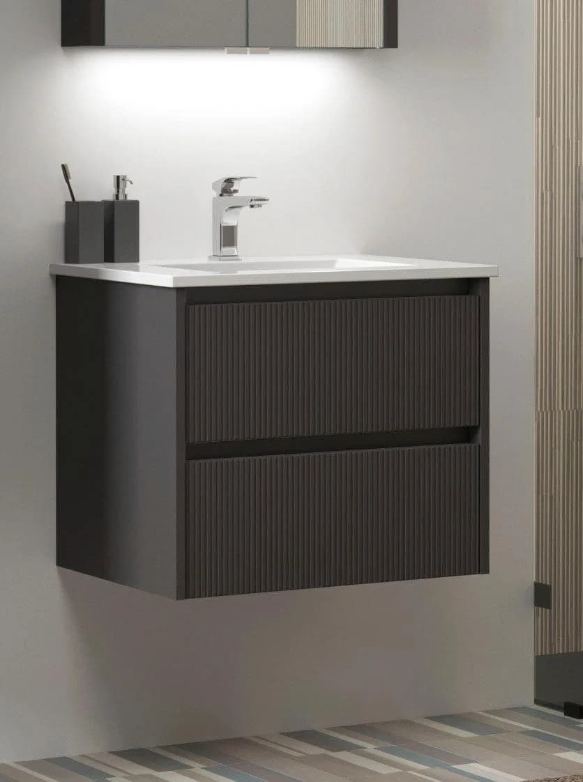 WELLTIME Waschtisch Urban Grau Matt mit Keramikwaschbecken und 2 Schubladen