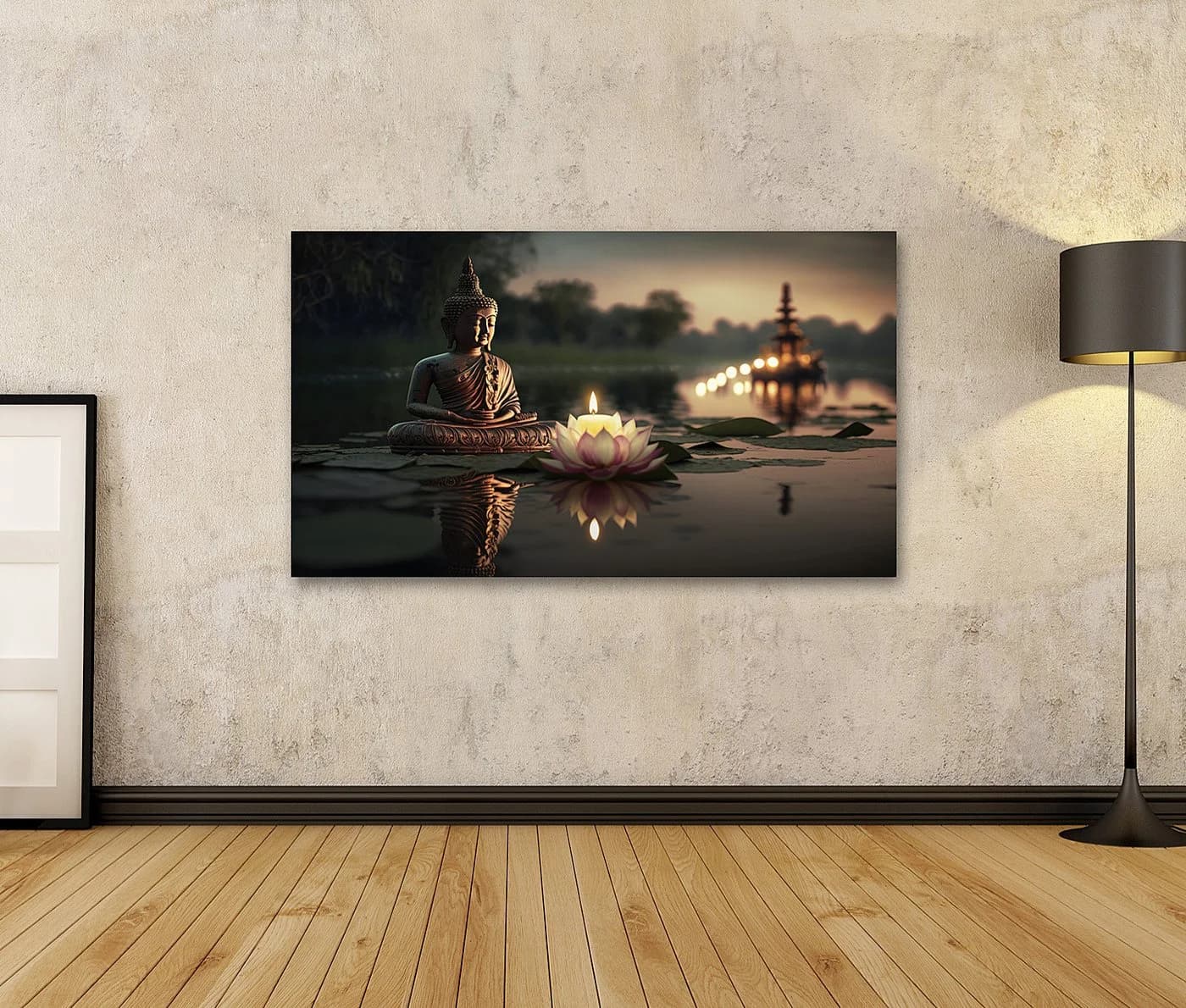 islandburner Leinwandbild Buddha Meditation mit Kerzen und Lotusblume im Wasser
