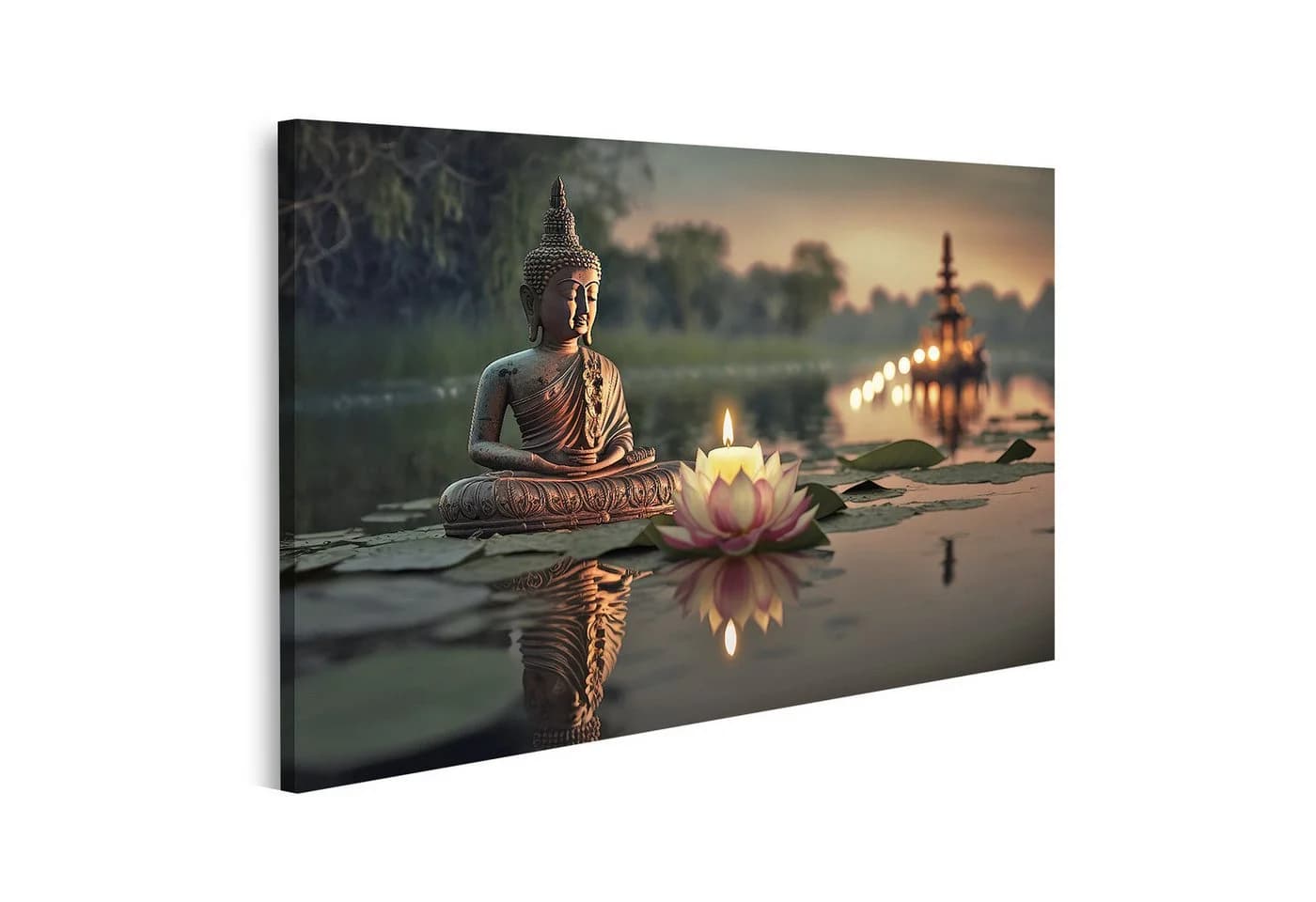 islandburner Leinwandbild Buddha Meditation mit Kerzen und Lotusblume im Wasser - Bild 2