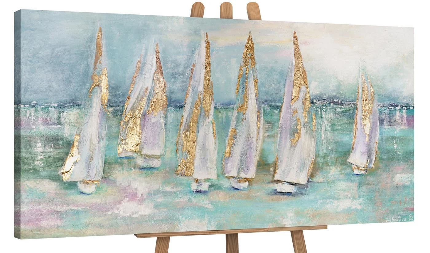YS-Art Gemälde Segelboote Meer Leinwand Handgemalt Türkis Gold - Bild 2