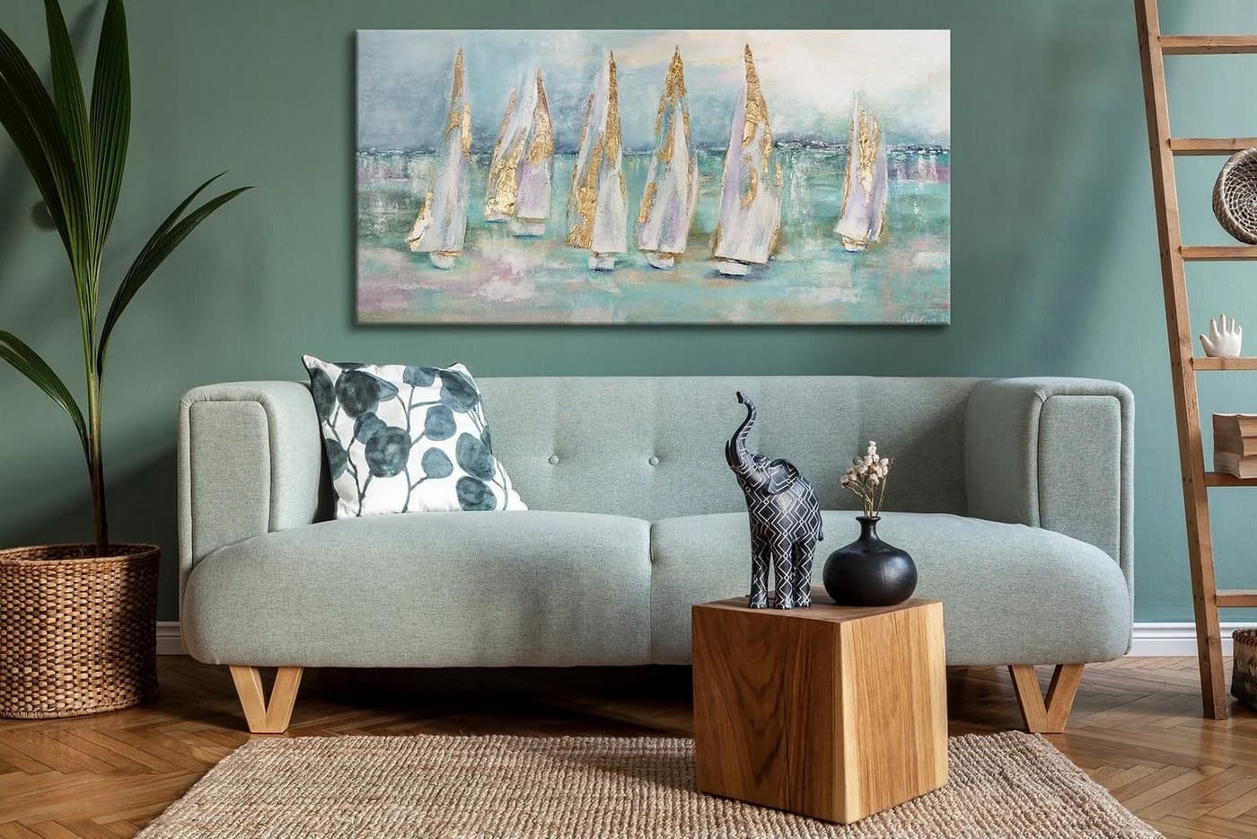 YS-Art Gemälde Segelboote Meer Leinwand Handgemalt Türkis Gold - Bild 5