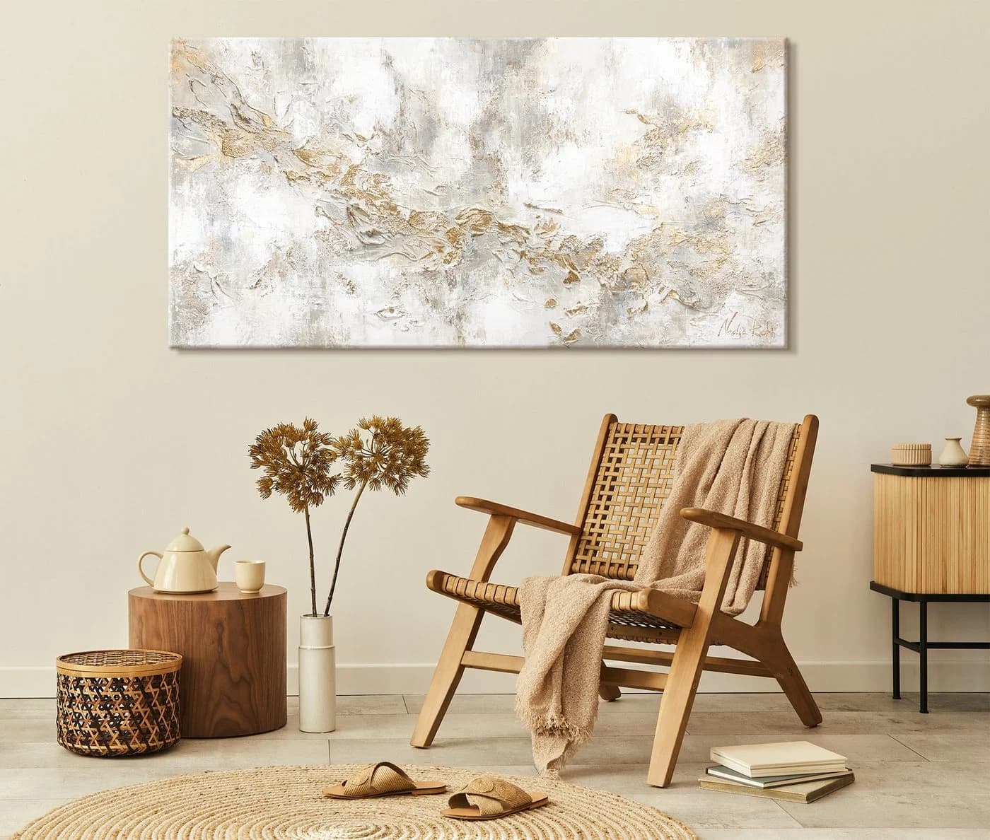 YS-Art Handgemaltes Leinwandbild Abstrakt Gold Weiß Beige Gelb - Bild 5
