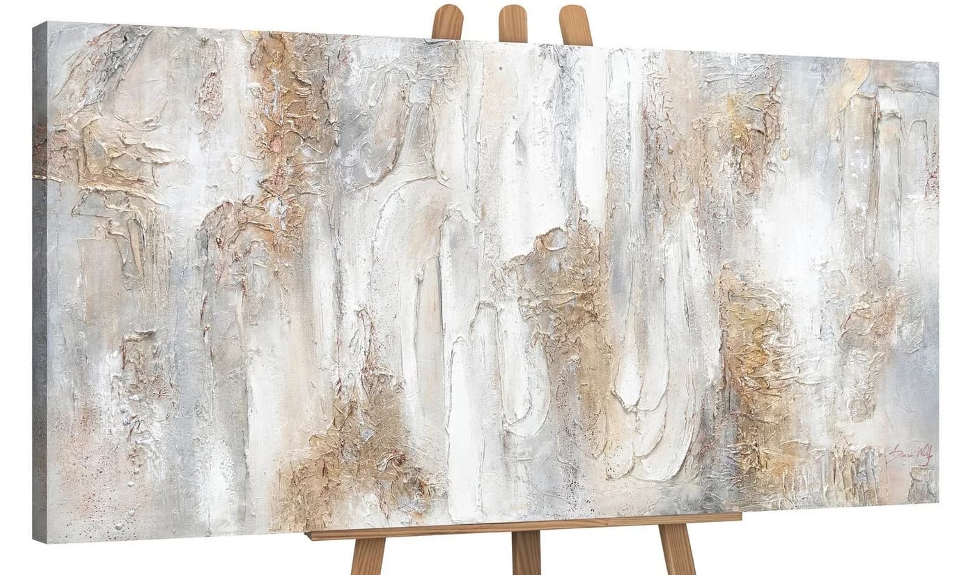 YS-Art Abstraktes Leinwandbild Weiß Beige Gold Handgemalt - Bild 2