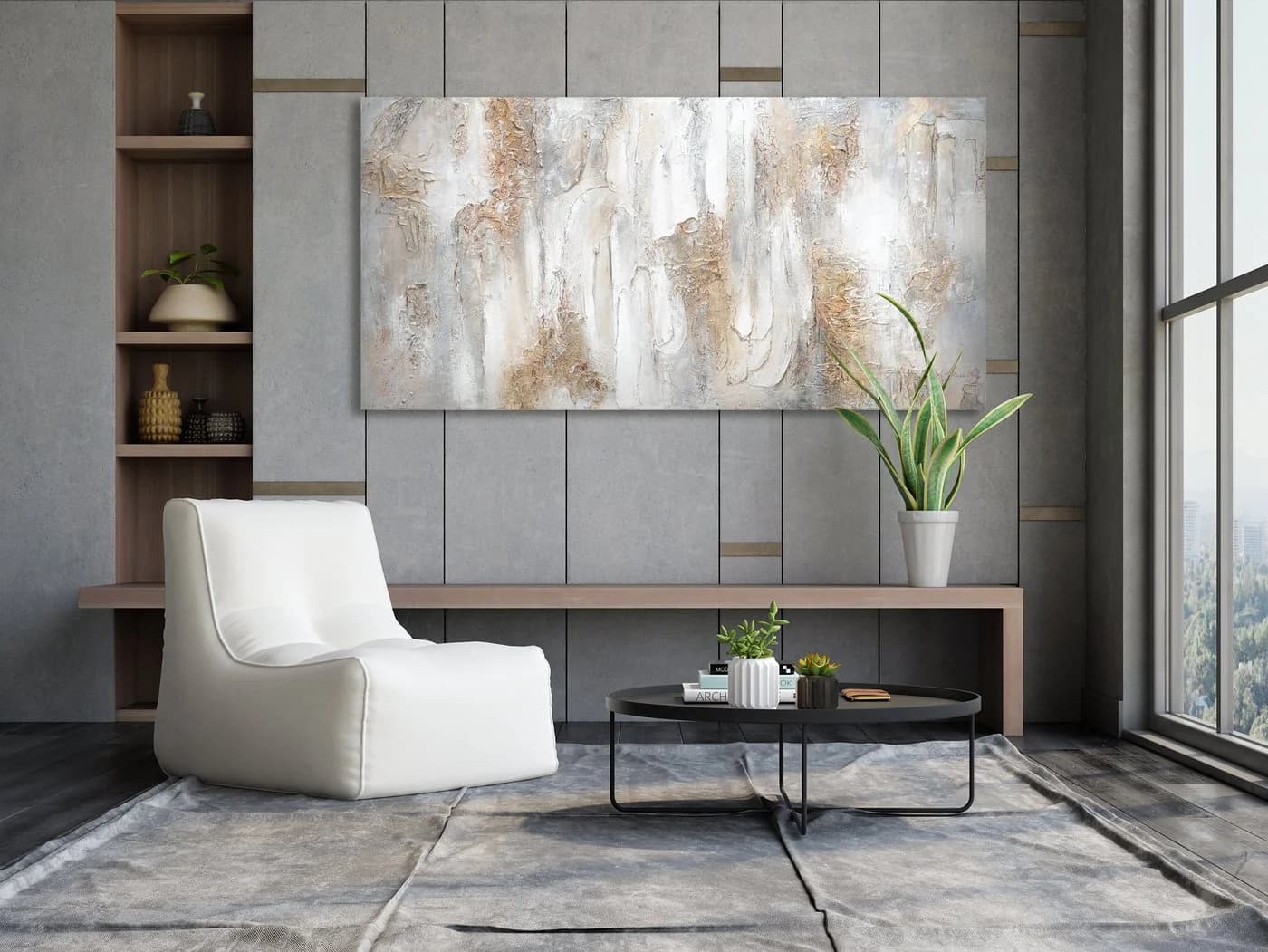 YS-Art Abstraktes Leinwandbild Weiß Beige Gold Handgemalt - Bild 5