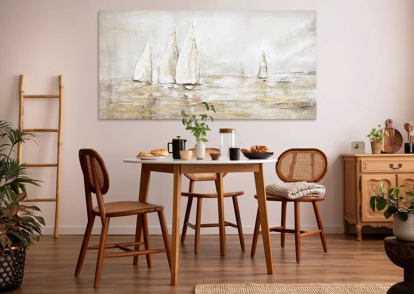 YS-Art Gemälde Sonnenblendung Gold Segelboote Meer Leinwand - Bild 4