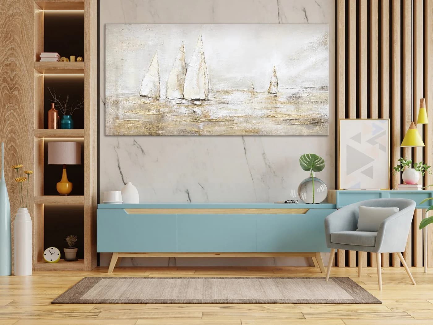 YS-Art Gemälde Sonnenblendung Gold Segelboote Meer Leinwand - Bild 5