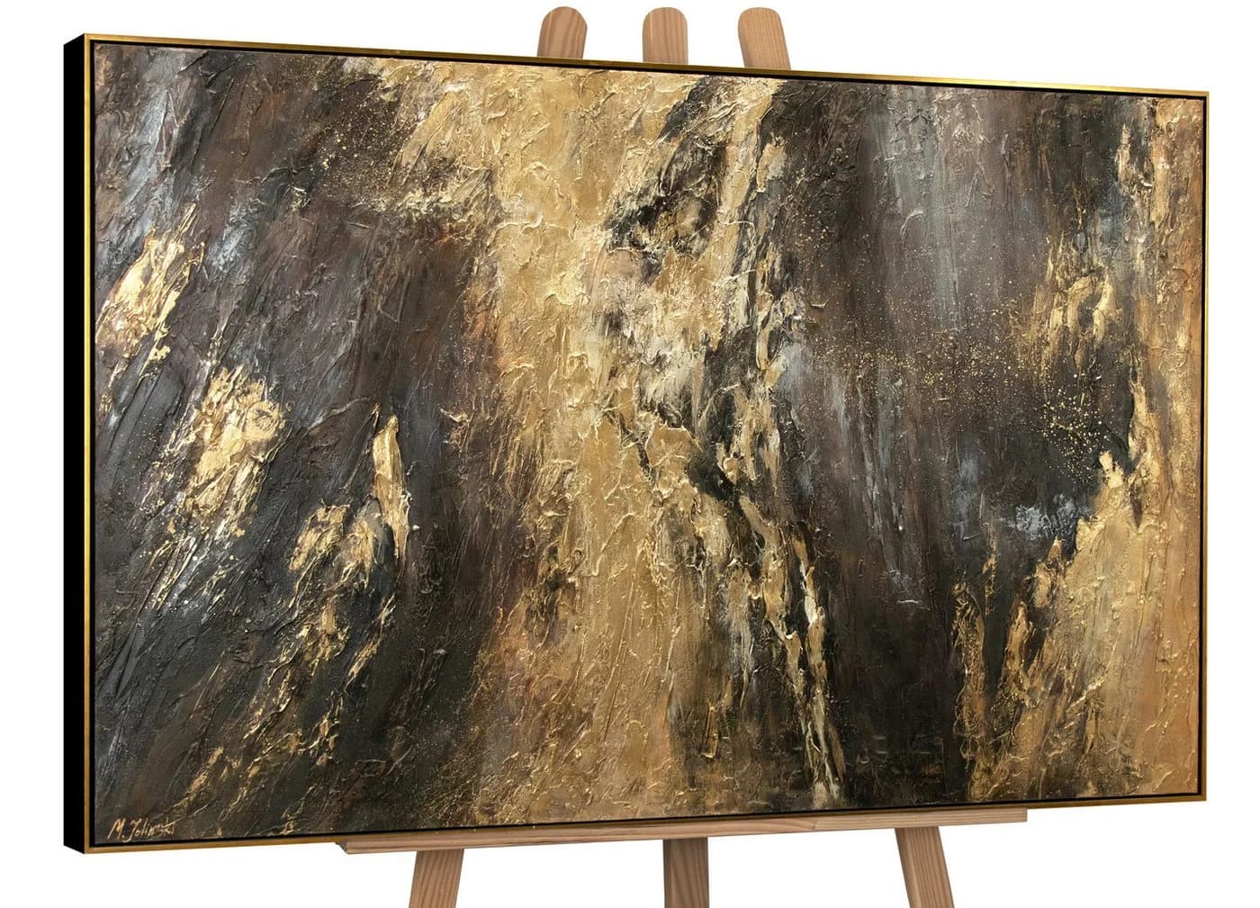 YS-Art Gemälde Spiegelungen III Abstrakt Schwarz Gold mit Rahmen - Bild 2