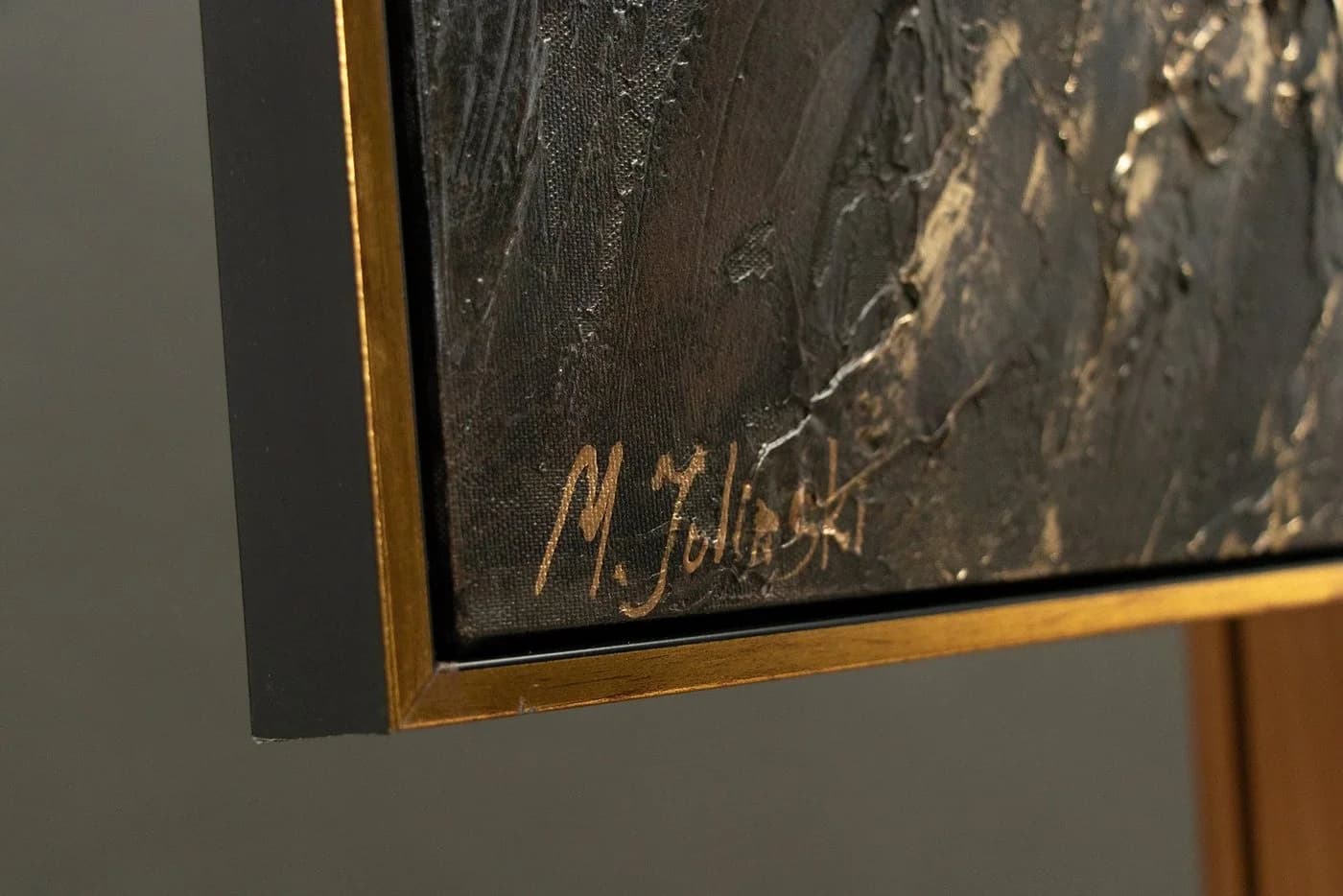 YS-Art Gemälde Spiegelungen III Abstrakt Schwarz Gold mit Rahmen - Bild 3