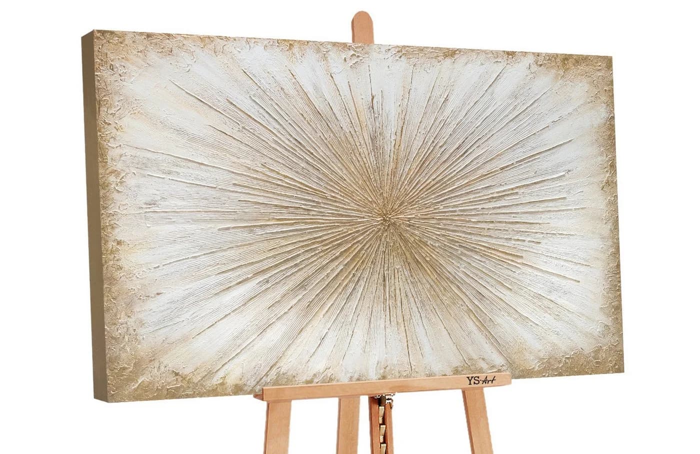 YS-Art Gemälde Sonnenstrahlen Abstraktes Leinwandbild Handgemalt Weiss Gold - Bild 2