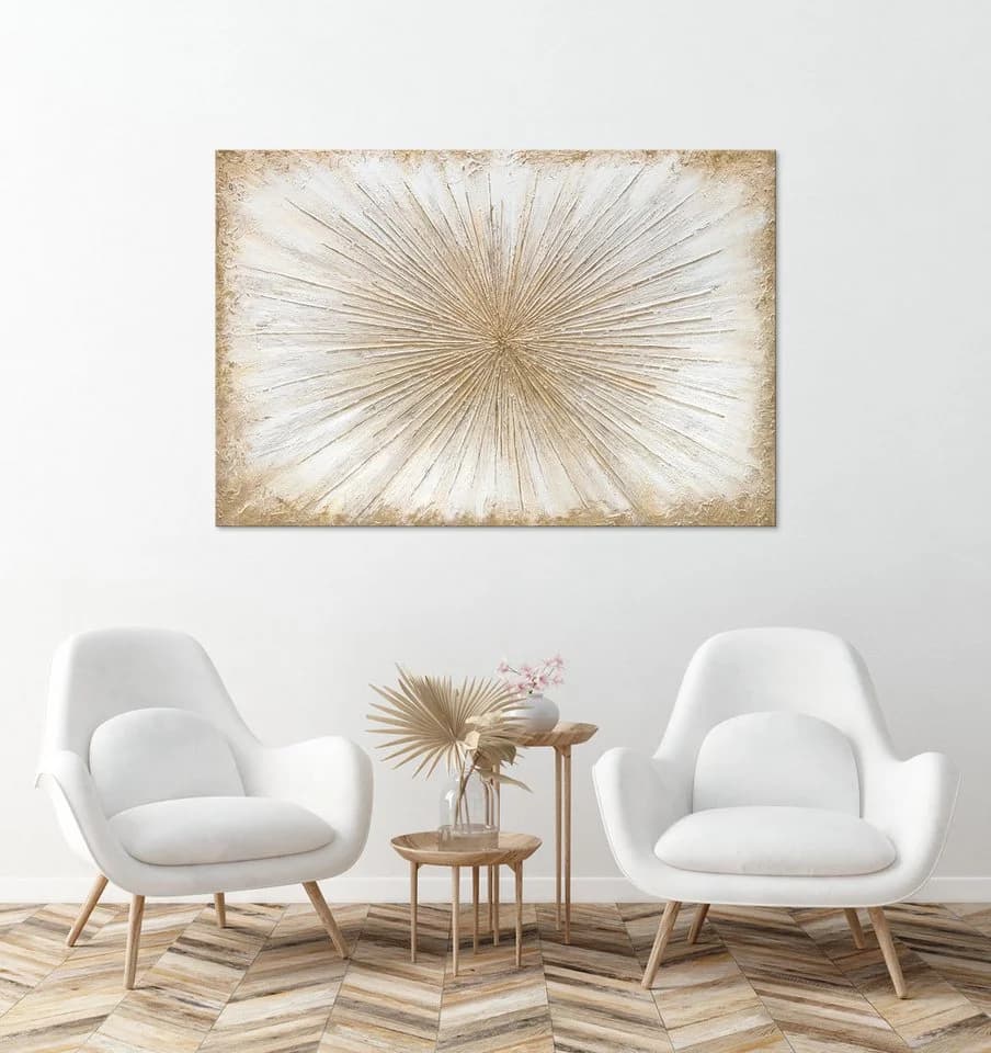 YS-Art Gemälde Sonnenstrahlen Abstraktes Leinwandbild Handgemalt Weiss Gold - Bild 4