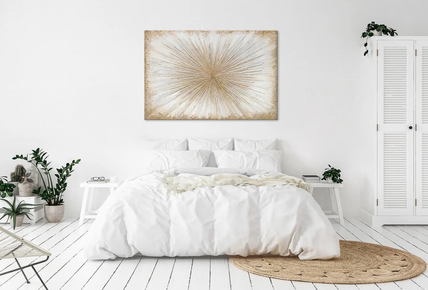 YS-Art Gemälde Sonnenstrahlen Abstraktes Leinwandbild Handgemalt Weiss Gold - Bild 5
