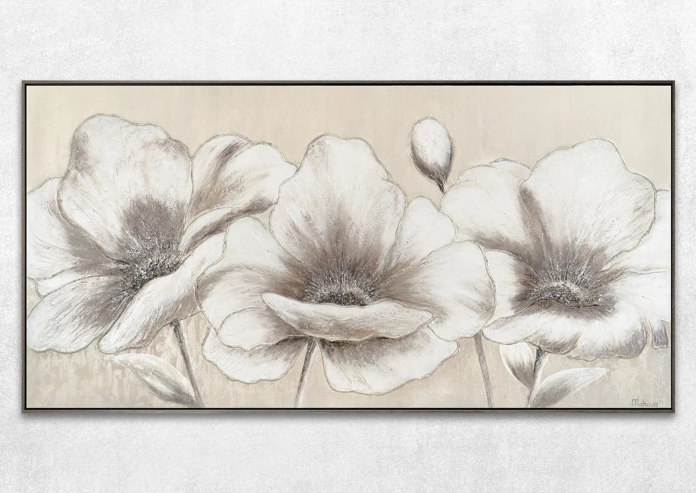 YS-Art Gemälde Blumen II Beige Schwarz Weiß mit Rahmen Grau