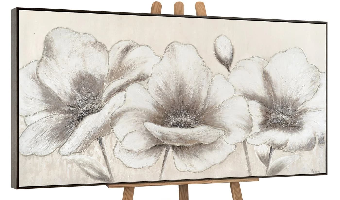 YS-Art Gemälde Blumen II Beige Schwarz Weiß mit Rahmen Grau - Bild 2
