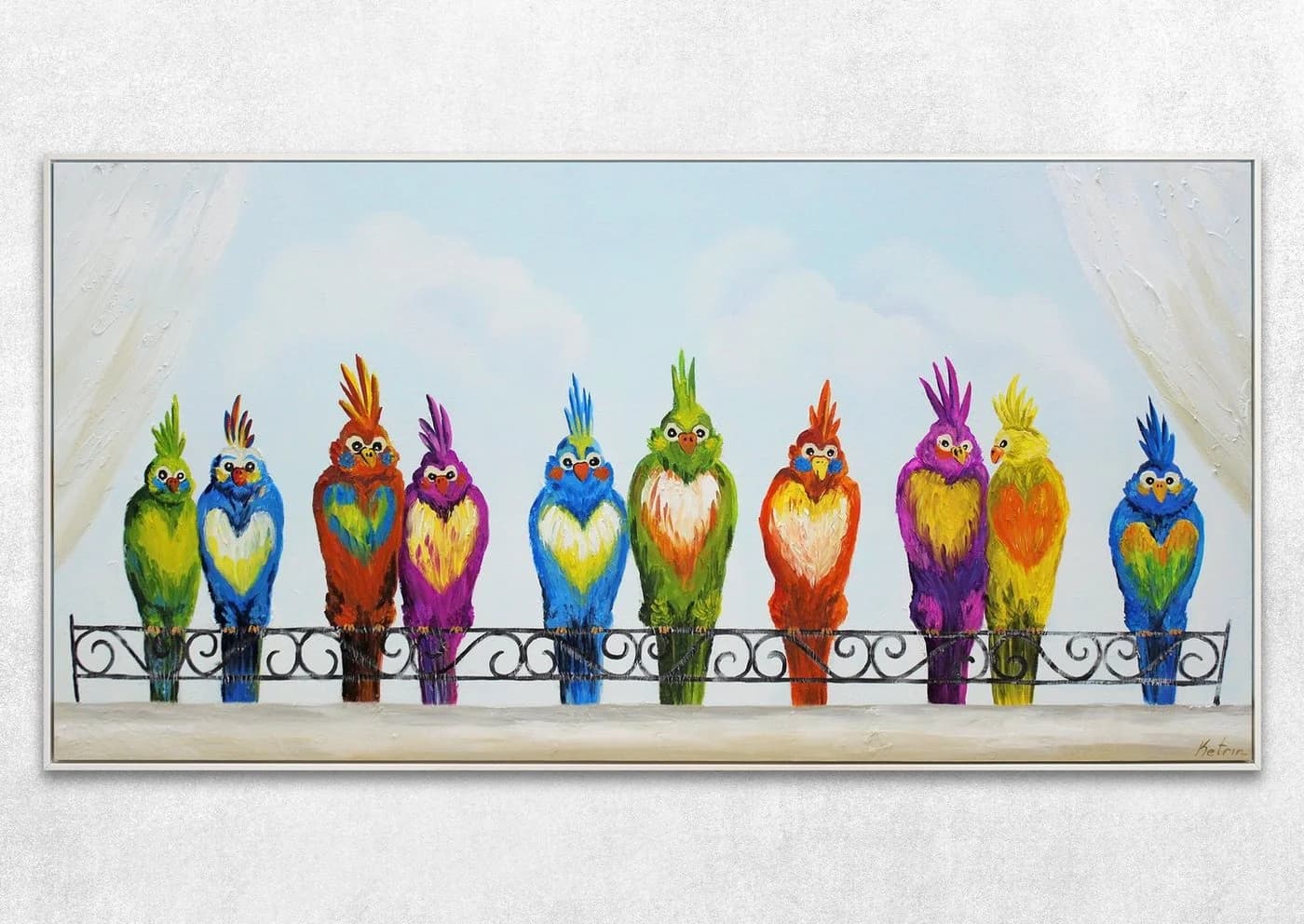YS-Art Gemälde Lustige Vögel auf Leinwand Handgemalt Bunt mit Weißem Rahmen