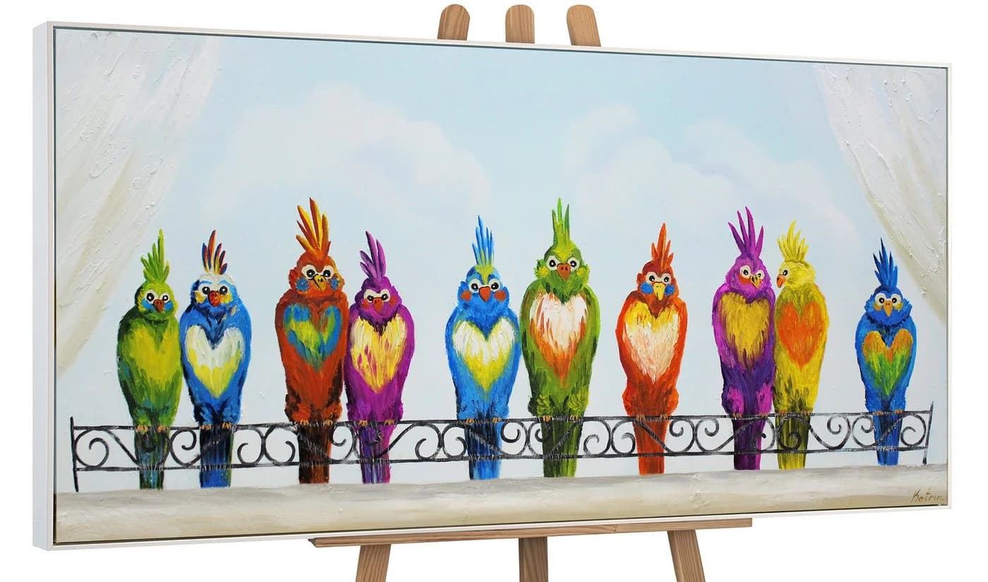 YS-Art Gemälde Lustige Vögel auf Leinwand Handgemalt Bunt mit Weißem Rahmen - Bild 2