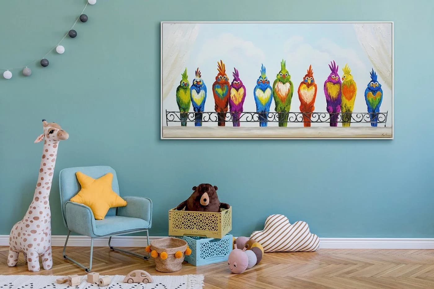 YS-Art Gemälde Lustige Vögel auf Leinwand Handgemalt Bunt mit Weißem Rahmen - Bild 5