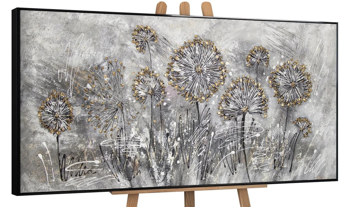 YS-Art Handgemaltes Leinwandbild Frühlingsblumen Gold Grau Schwarz - Bild 2