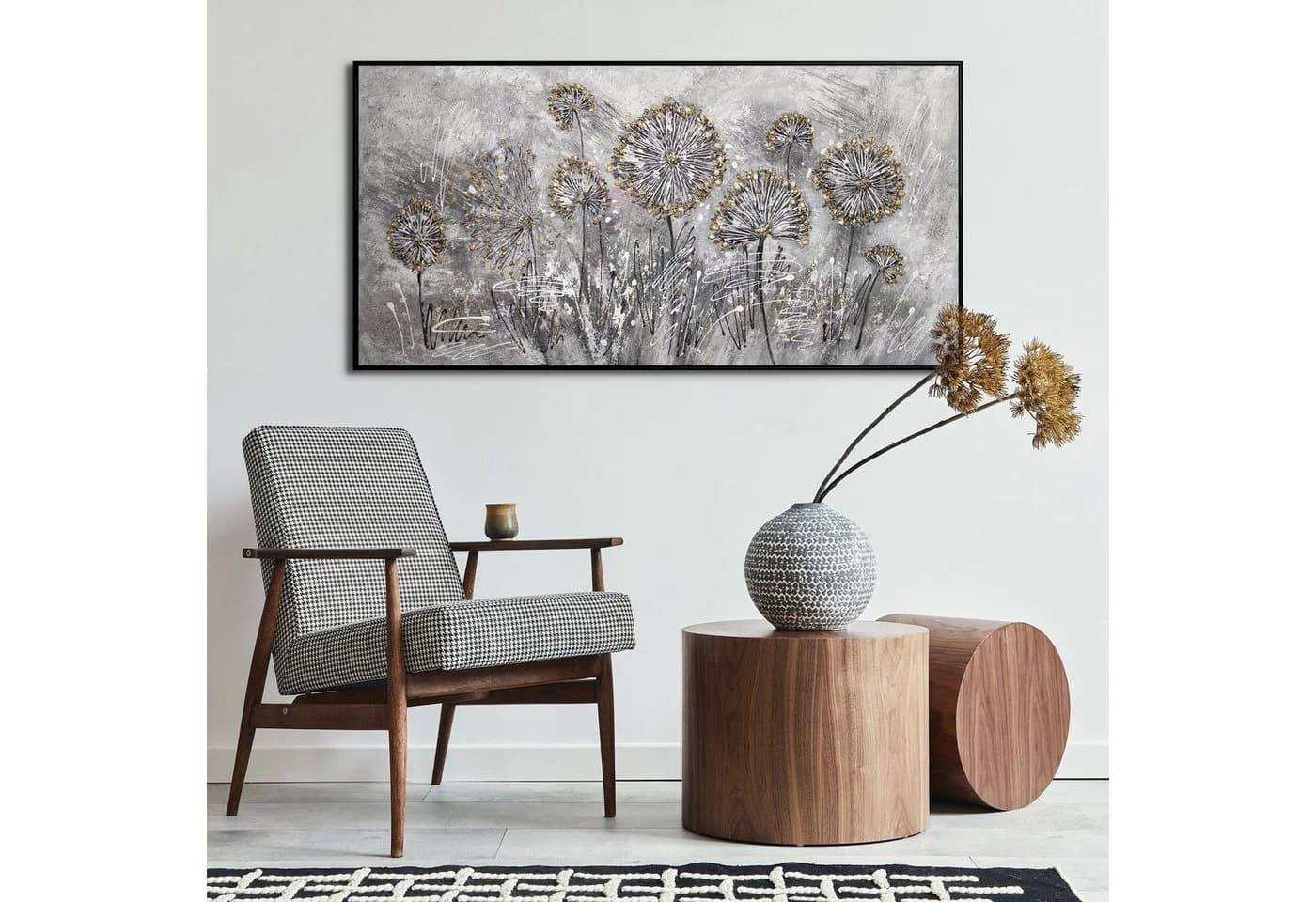 YS-Art Handgemaltes Leinwandbild Frühlingsblumen Gold Grau Schwarz - Bild 5