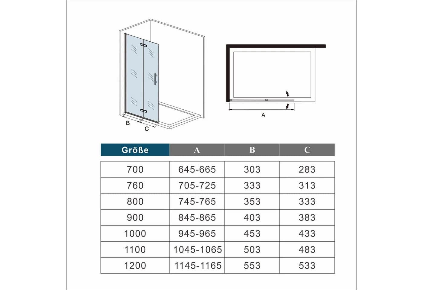 AICA Walk-in-Dusche Faltbar & Drehbar Schwarz 6mm ESG Glas
