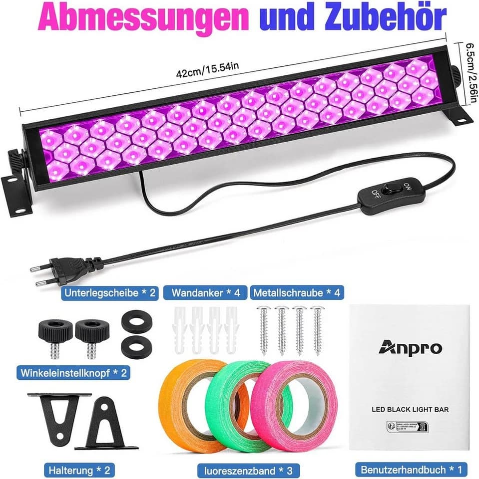 Anpro Discolicht 72W LED UV Schwarzlichtlampe mit 3 Klebebändern