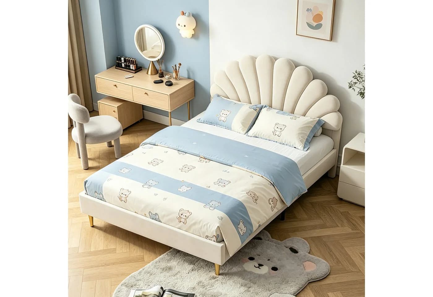 Simurq Polsterbett Samt Beige Blumenform-Kopfteil