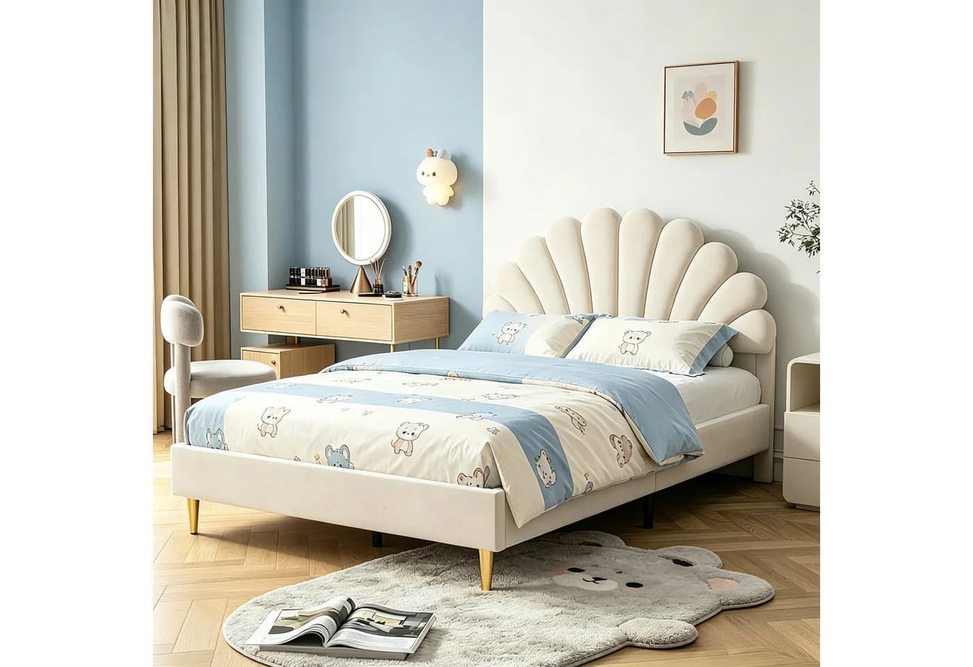 Simurq Polsterbett Samt Beige Blumenform-Kopfteil - Bild 2