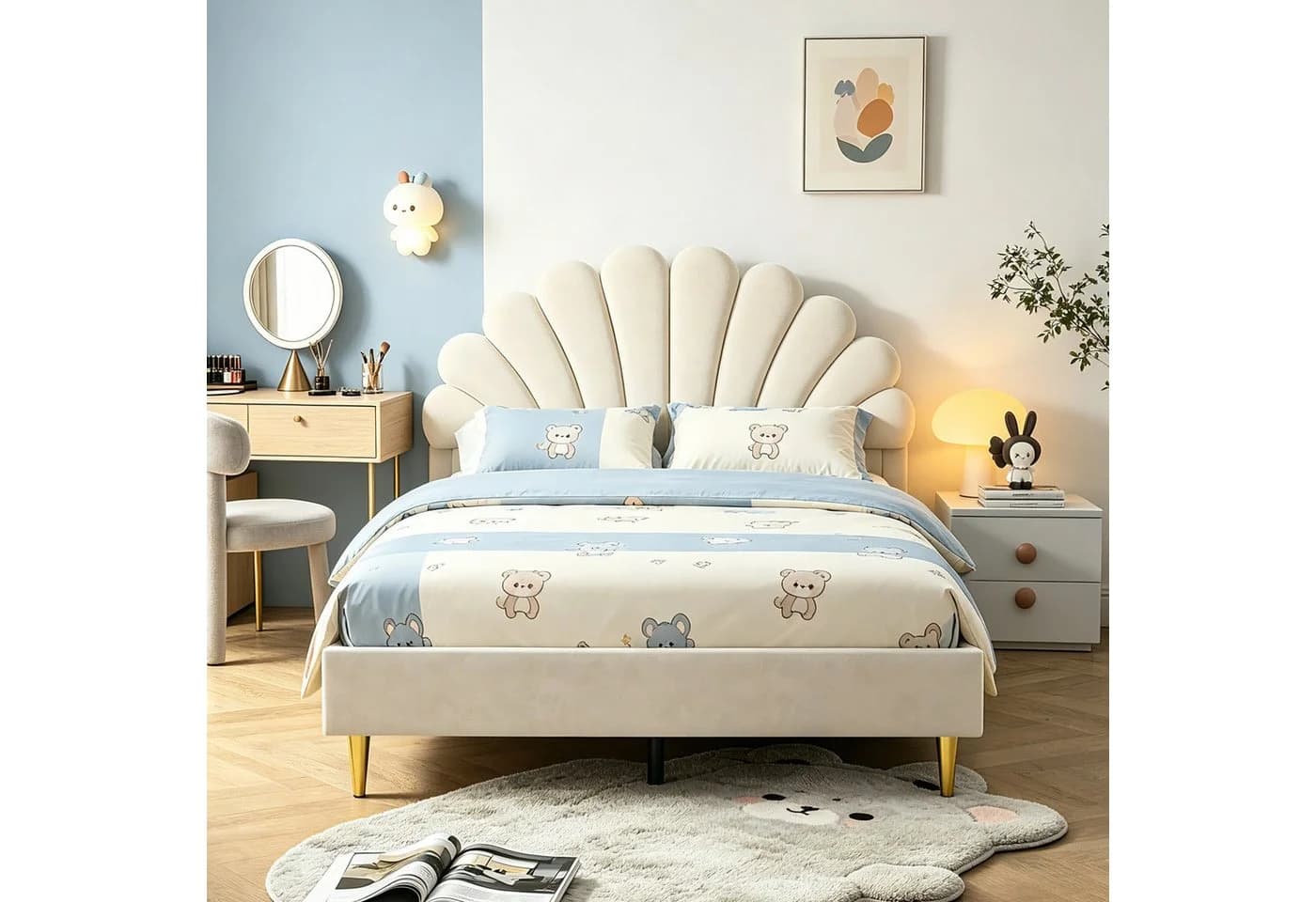 Simurq Polsterbett Samt Beige Blumenform-Kopfteil - Bild 3