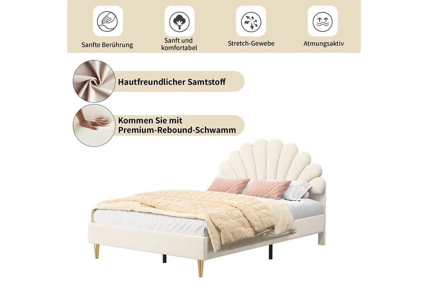 Simurq Polsterbett Samt Beige Blumenform-Kopfteil - Bild 5