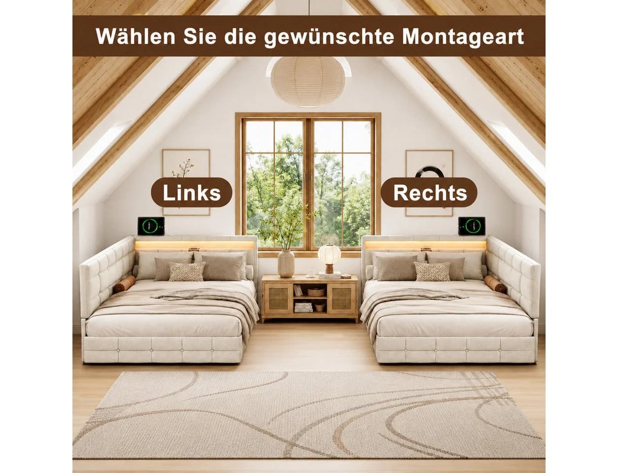 Simurq Polsterbett Daybett Beige/Grau mit LED & USB - Bild 4