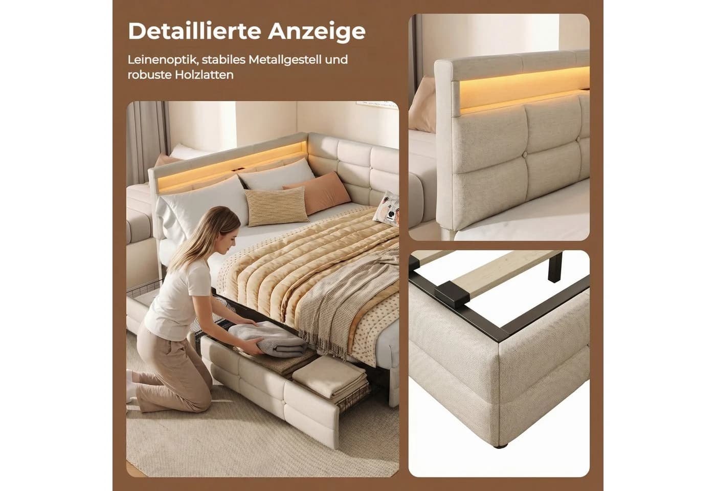 Simurq Polsterbett Daybett Beige/Grau mit LED & USB - Bild 5