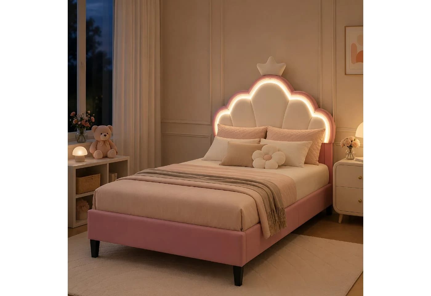 Simurq Polsterbett mit Hasenohren-Kopfteil und LED in Weiß/Rosa - Bild 2