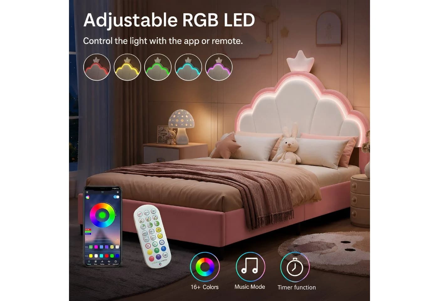 Simurq Polsterbett mit Hasenohren-Kopfteil und LED in Weiß/Rosa - Bild 3
