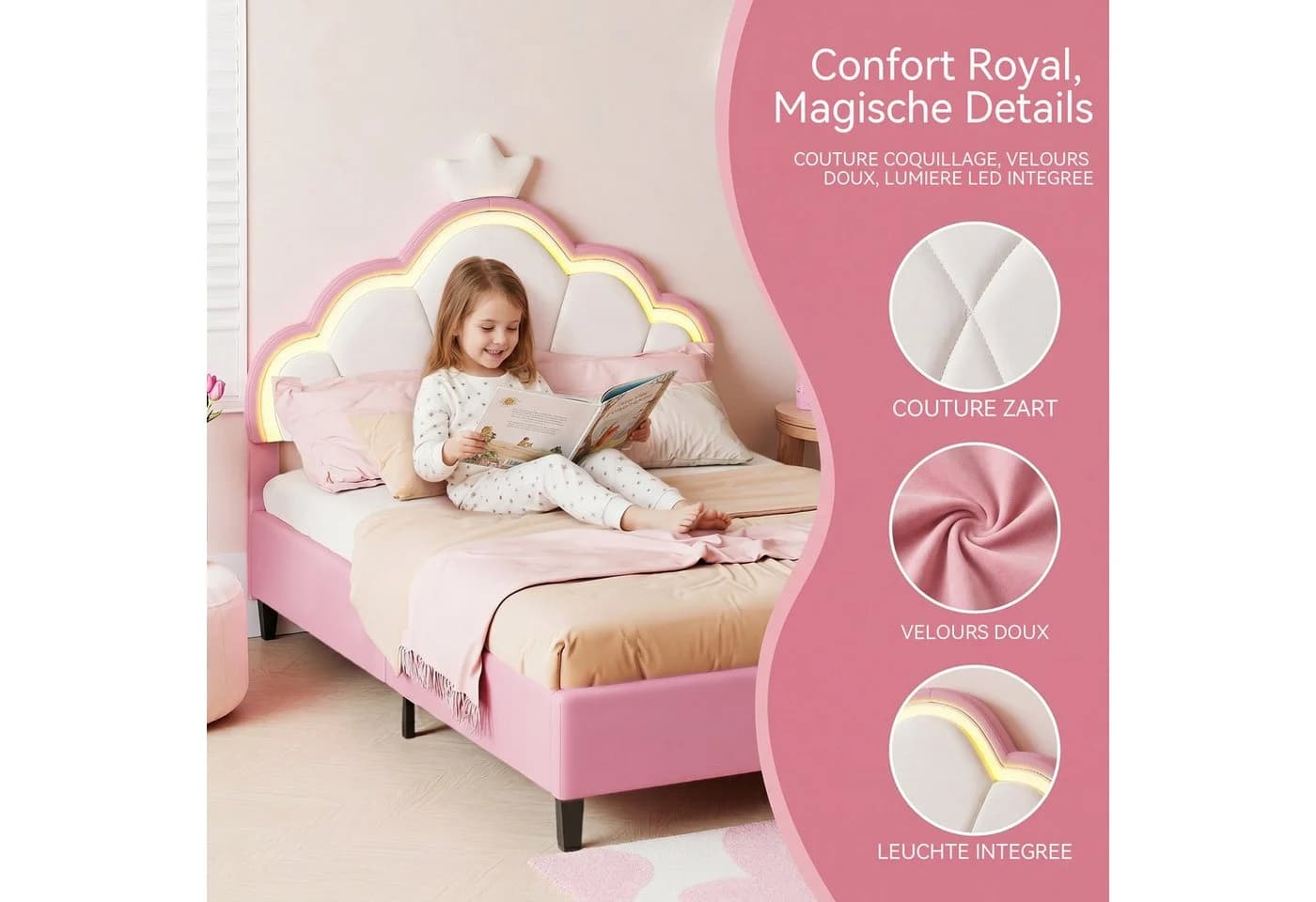 Simurq Polsterbett mit Hasenohren-Kopfteil und LED in Weiß/Rosa - Bild 4