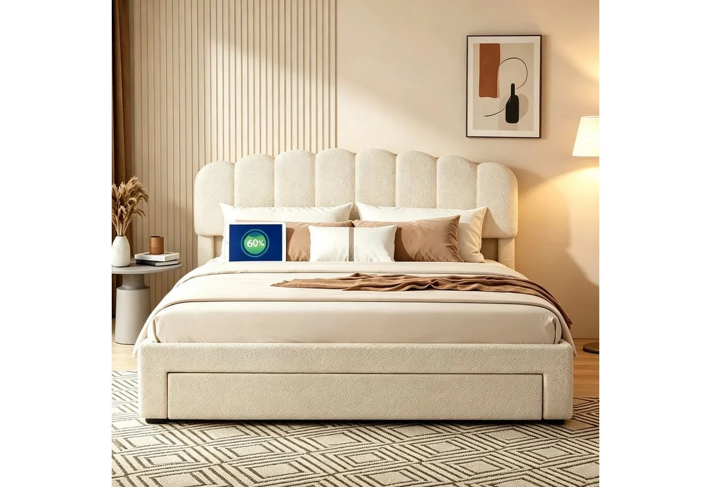Simurq Polsterbett Beige mit Stauraum und gepolstertem Kopfteil - Bild 2