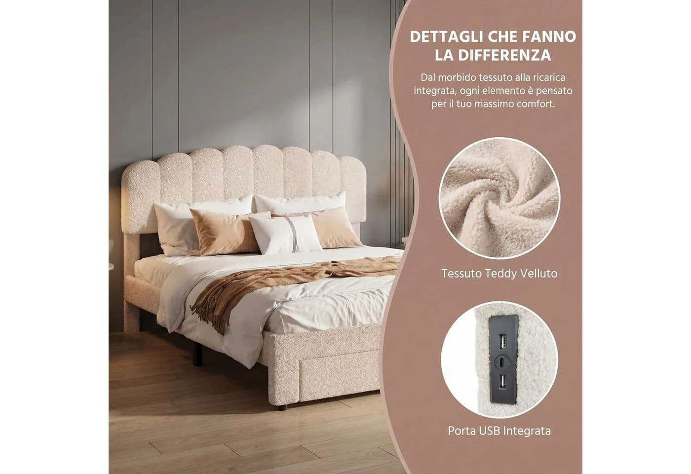 Simurq Polsterbett Beige mit Stauraum und gepolstertem Kopfteil - Bild 4