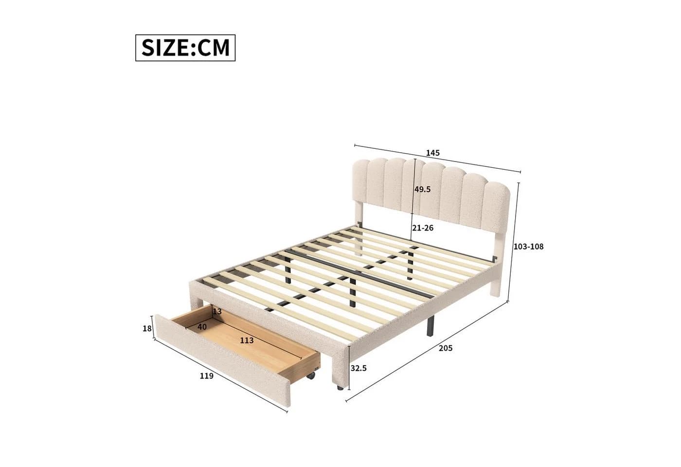 Simurq Polsterbett Beige mit Stauraum und gepolstertem Kopfteil - Bild 5