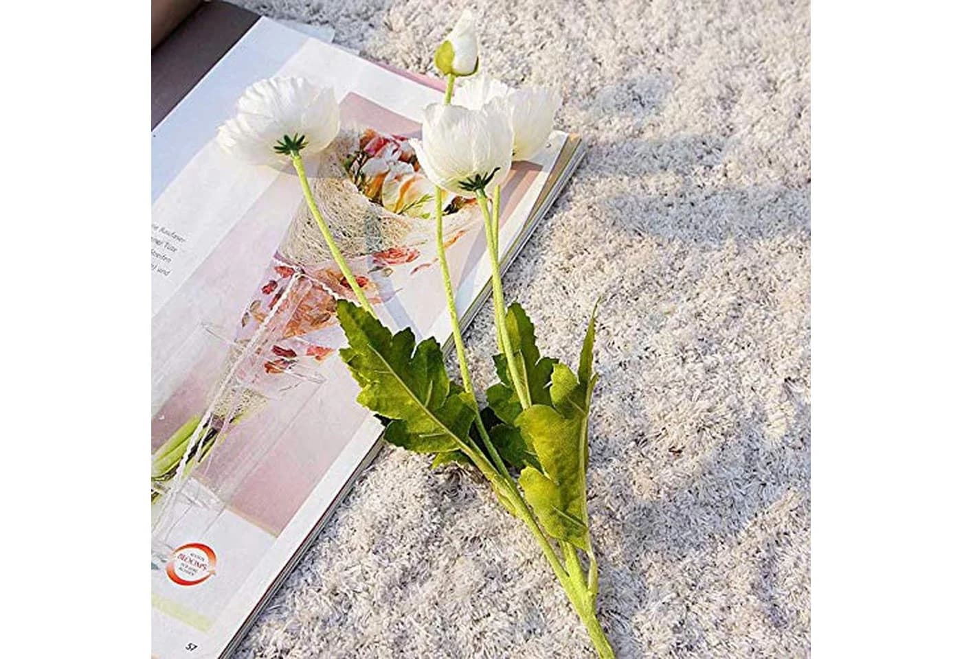 SEEZSSA Künstlicher Mohnblumenzweig 60cm Weiß 4 Blüten