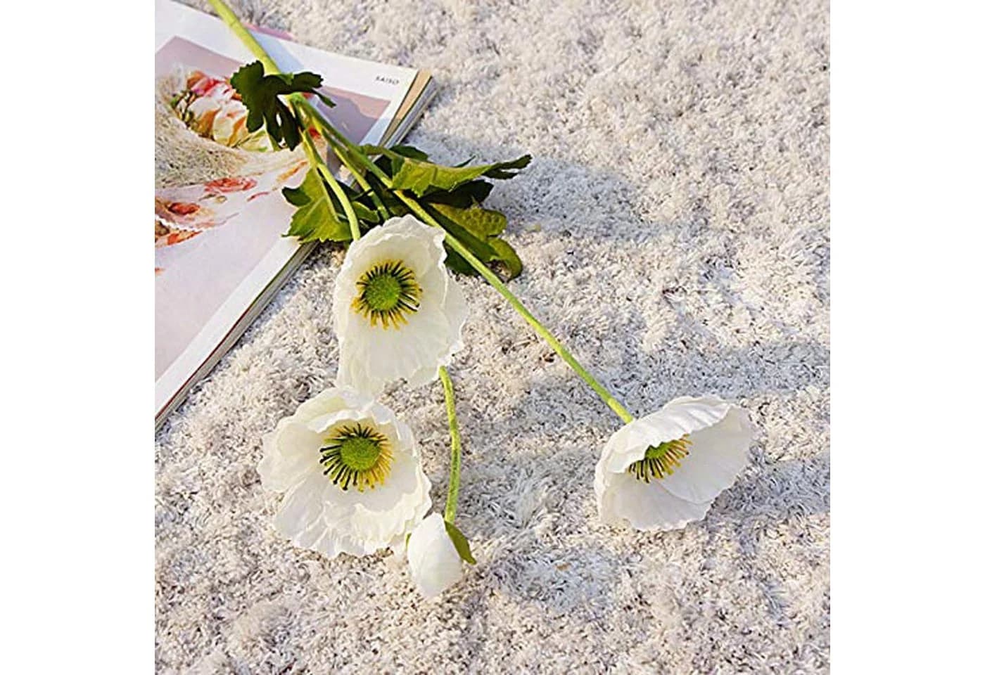 SEEZSSA Künstlicher Mohnblumenzweig 60cm Weiß 4 Blüten - Bild 4