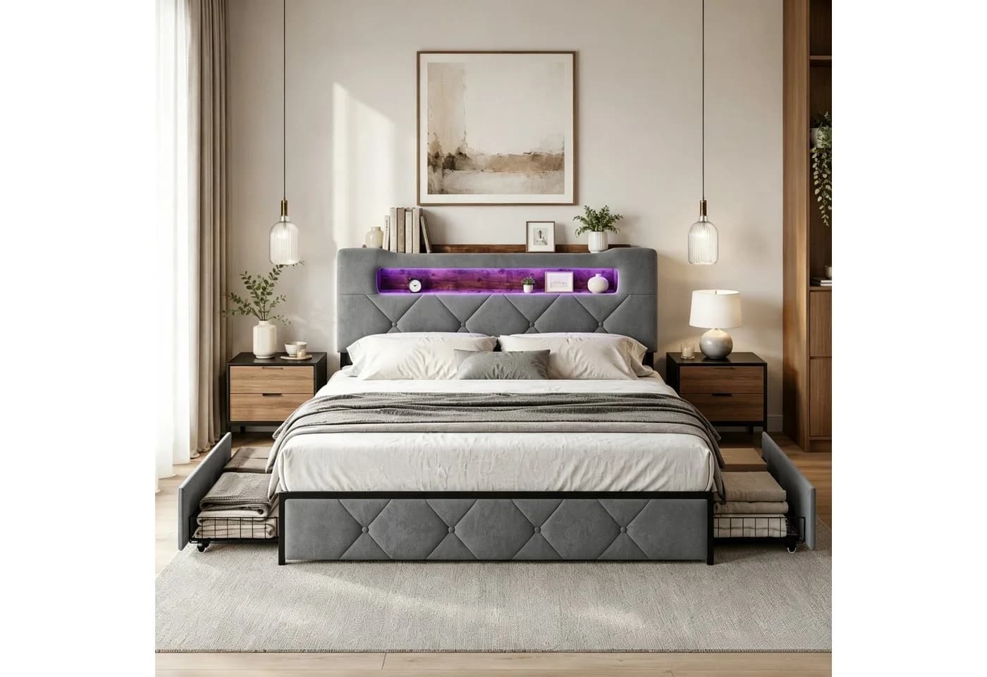 Simurq Polsterbett 140x200cm mit LED, Stauraum und 4 Schubladen - Bild 2