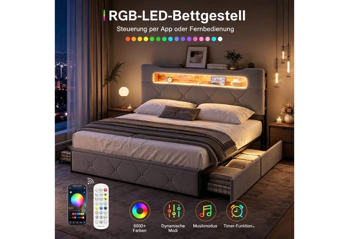 Simurq Polsterbett 140x200cm mit LED, Stauraum und 4 Schubladen - Bild 3